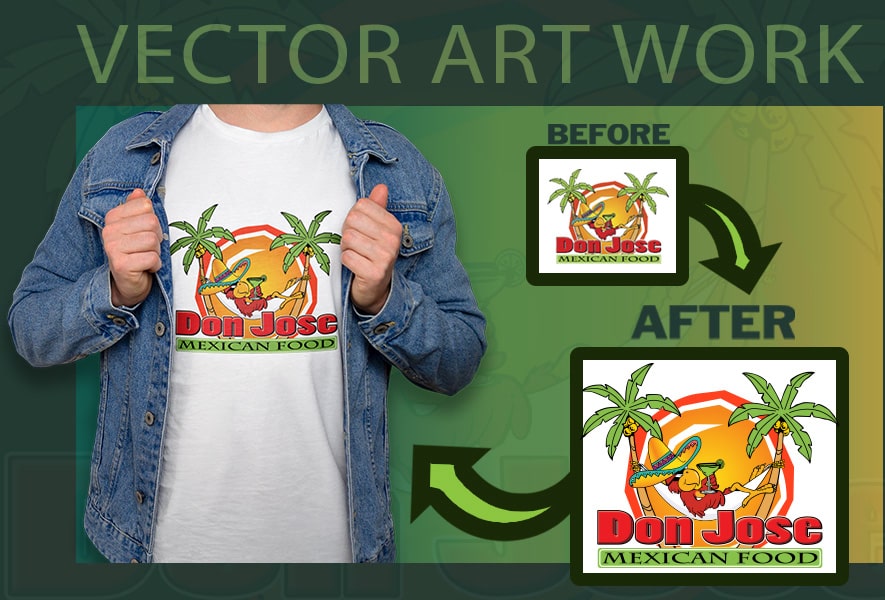 Vector artwork before and after t-shirt production sample